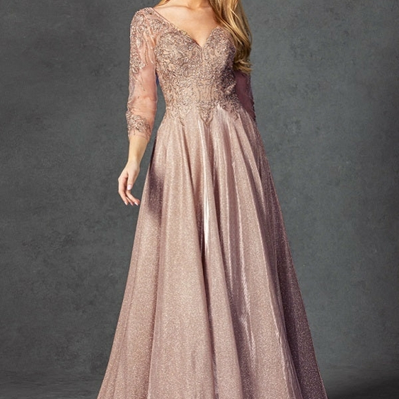 gold prom dresses cheap Long Mother-of-the-Bride Dress with Long Sleeves Rose / 20 main image 0